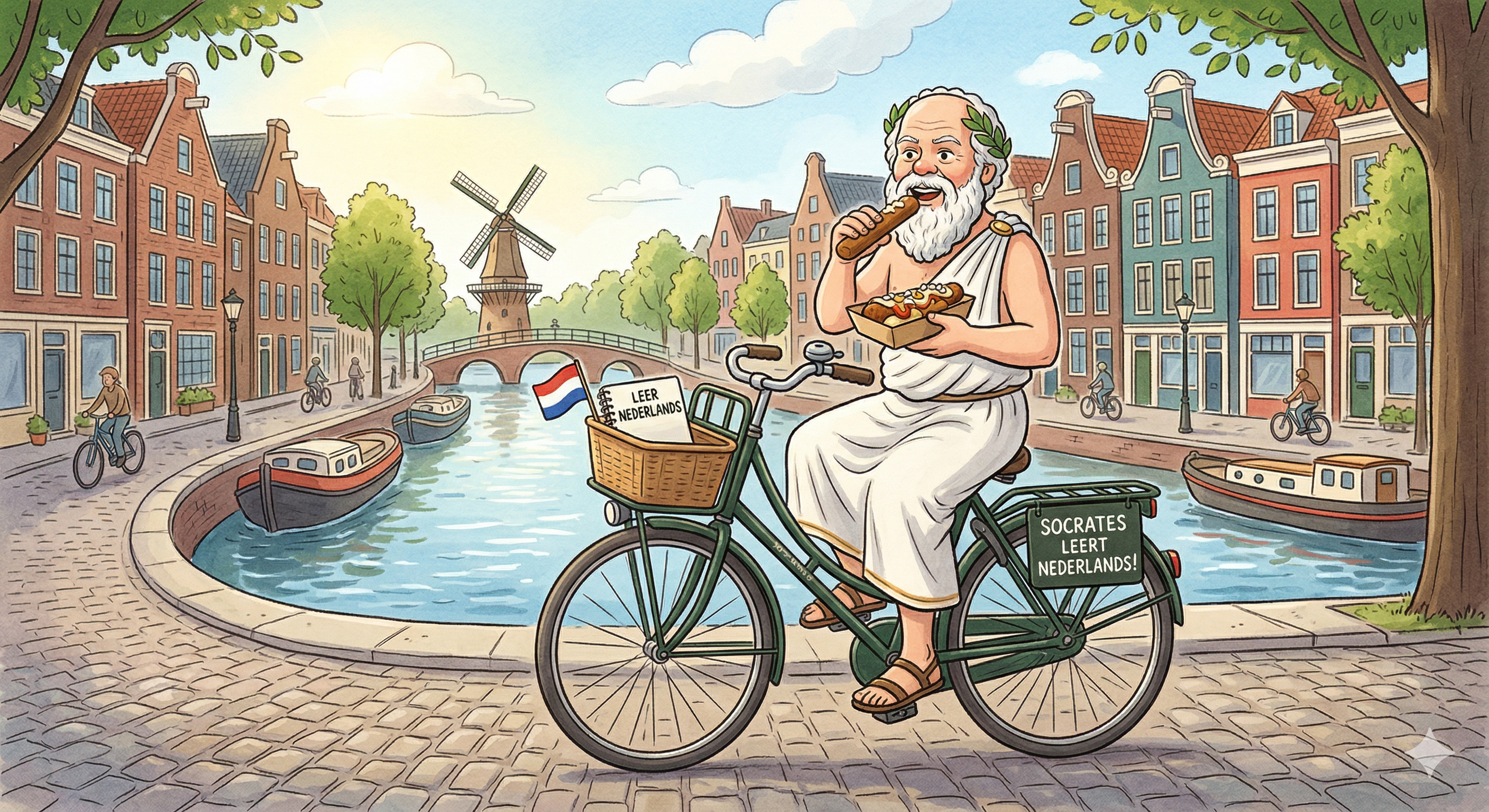 The photo of Socrates eating frikandel on a bike in a Dutch city.